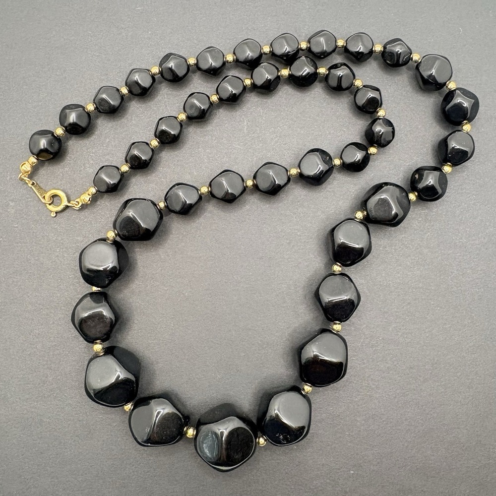 Vintage Unsigned Avon Modern Art Black Graduated Beaded‎ Gold Tone Necklace 24"